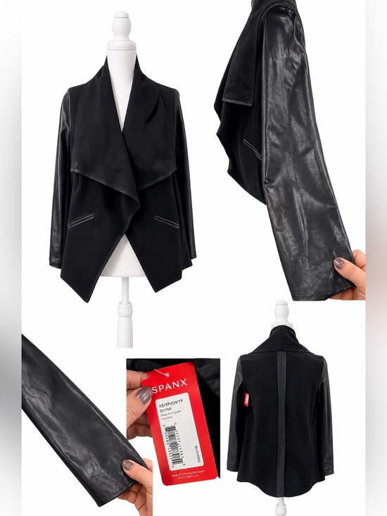SPANX Jackets & Blazers - SPANX Draped Front Jacket with Faux-Leather Sleeves NWT